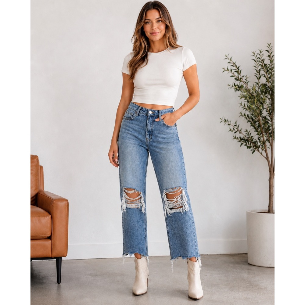 Vervet Los Angeles High Rise Straight Leg Distressed Jeans Medium Wash 28